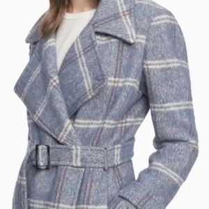 Calvin Klein Womens Wool Blend Coat Size 2 Blue Overcoat Belted Long Button
